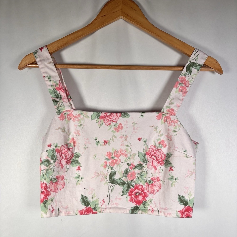 Floral Cottage Crop Top Women Medium Romantic Coquette Tank Soft Pink Smocked